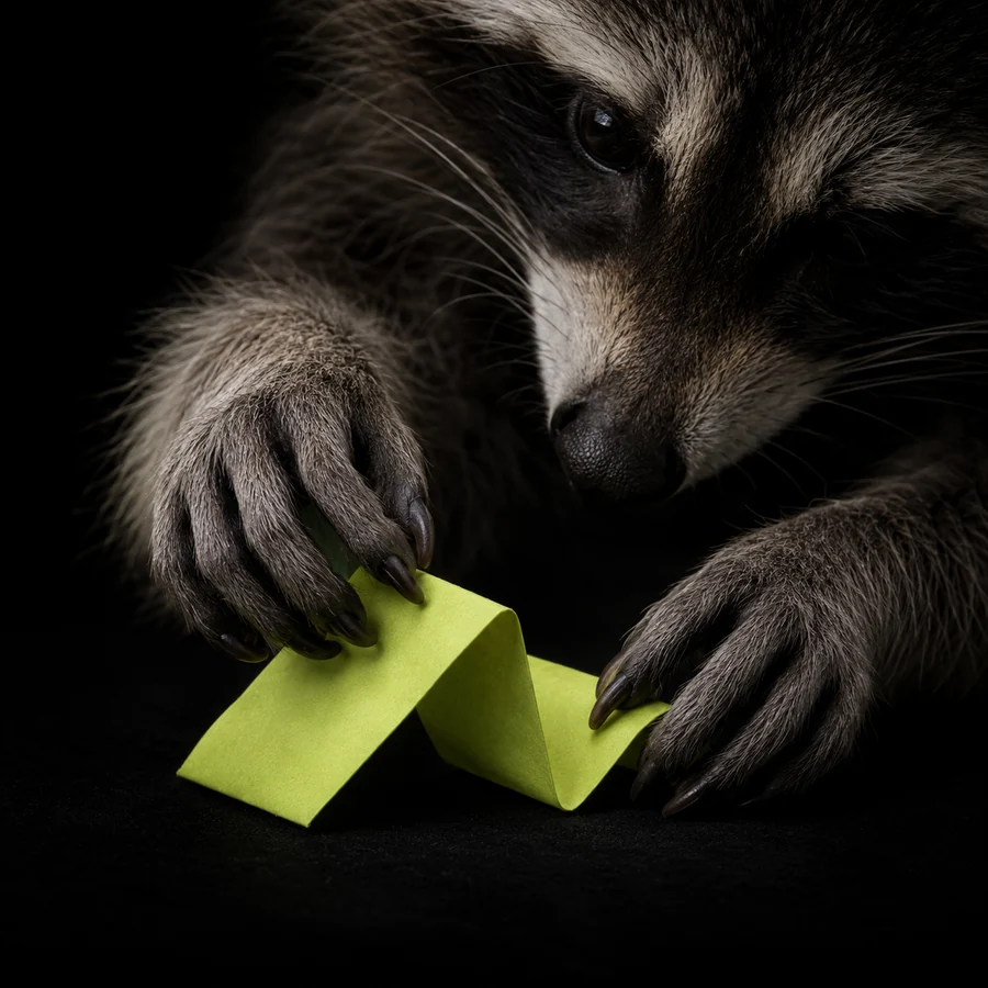 A curious raccoon investigates a folded green paper ribbon with its forepaws